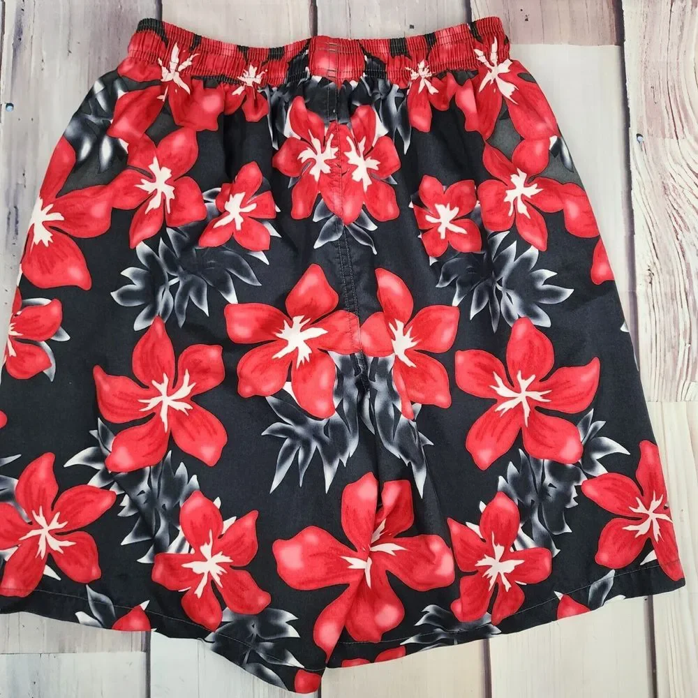 Speedo Mens M Lined Swim Trunks Black and Red Hawaiian Flower Boardshort Pockets
